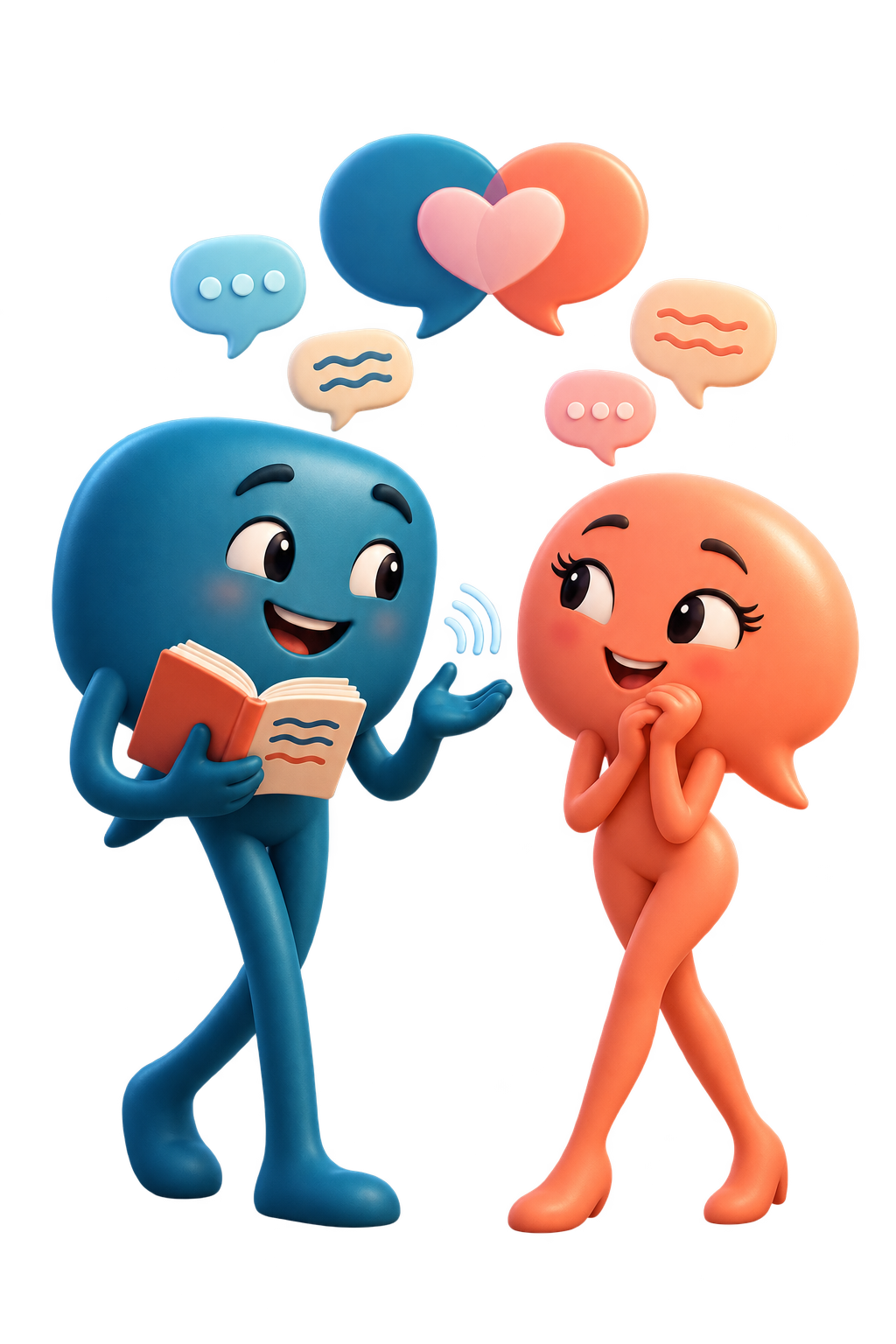 Blue and coral characters talking with an open book, with speech bubbles and a heart above them.